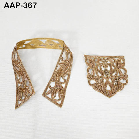 Decorative Zardosi Gold Collar Handcrafted Indian Floral Design Scrapbooking Embroidered Applique Crafting Decorated Neckline Collar Patches