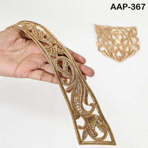 Decorative Zardosi Gold Collar Handcrafted Indian Floral Design Scrapbooking Embroidered Applique Crafting Decorated Neckline Collar Patches
