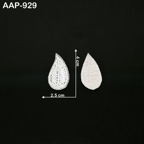 White beaded leaf applique measuring 4 cm × 2.5 cm, handmade Indian embroidery patch shown front and back.
