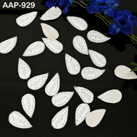 white handcrafted beaded leaf applique—Indian embroidery patch, 4 cm height and 2.5 cm width.