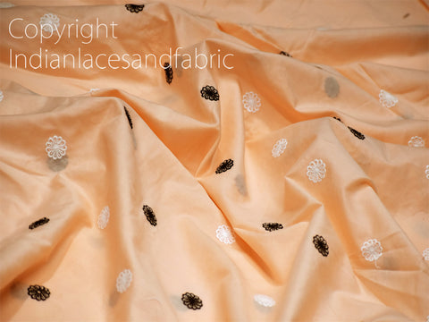 Indian Peach Embroidered Cotton Fabric by the Yard Embroidery Sewing Quilting Crafting Nursery Drapery Kids Summer Dress Skirts Pillowcases Cushion Cover Making