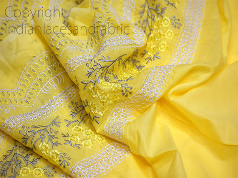 Indian Yellow Embroidered Cotton Fabric by Yard Crafting Sewing Kids Women Summer Dress making Material Curtains Skirts Palazzo Pants Skirts Home Decor Cushion Cover