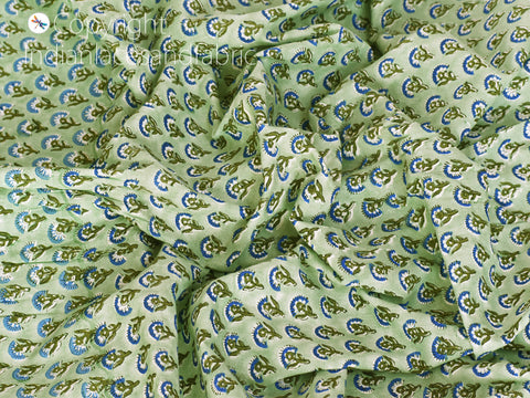 Green Indian block stamp print soft cotton by yard fabric pajamas sewing craft quilting kitchen curtain summer dress shorts kids sleepwear fabric