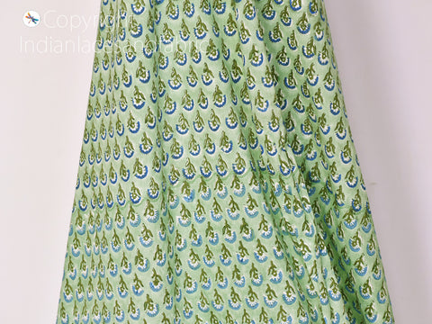 Green Indian block stamp print soft cotton by yard fabric pajamas sewing craft quilting kitchen curtain summer dress shorts kids sleepwear fabric