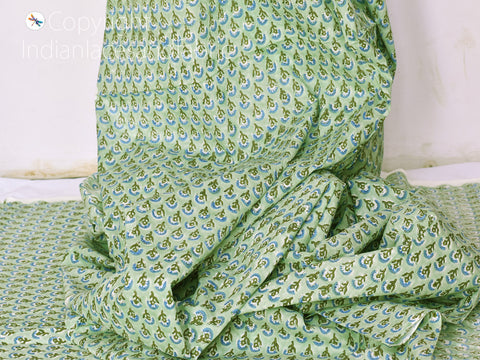 Green Indian block stamp print soft cotton by yard fabric pajamas sewing craft quilting kitchen curtain summer dress shorts kids sleepwear fabric