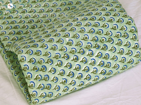 Green Indian block stamp print soft cotton by yard fabric pajamas sewing craft quilting kitchen curtain summer dress shorts kids sleepwear fabric