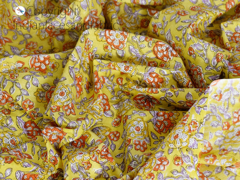 Indian yellow block printed soft fabric by yard home décor drapery curtain quilting hand stamped sewing crafting women kids summer dresses kitchen curtains table runner fabric