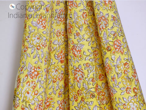 Indian yellow block printed soft fabric by yard home décor drapery curtain quilting hand stamped sewing crafting women kids summer dresses kitchen curtains table runner fabric