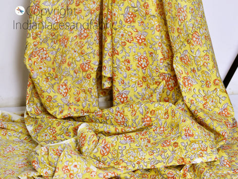 Indian yellow block printed soft fabric by yard home décor drapery curtain quilting hand stamped sewing crafting women kids summer dresses kitchen curtains table runner fabric