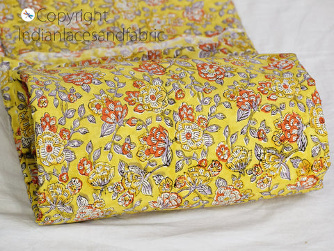 Indian yellow block printed soft fabric by yard home décor drapery curtain quilting hand stamped sewing crafting women kids summer dresses kitchen curtains table runner fabric