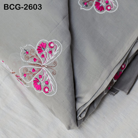 Grey Indian Embroidered Cotton Fabric by the Yard Embroidery Sewing Nursery Curtain DIY Crafting Summer Kid Women Dress Material Quilting