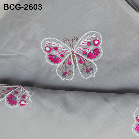 Grey Indian Embroidered Cotton Fabric by the Yard Embroidery Sewing Nursery Curtain DIY Crafting Summer Kid Women Dress Material Quilting