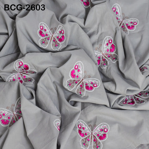 Grey Indian Embroidered Cotton Fabric by the Yard Embroidery Sewing Nursery Curtain DIY Crafting Summer Kid Women Dress Material Quilting