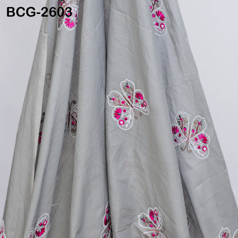 Grey Indian Embroidered Cotton Fabric by the Yard Embroidery Sewing Nursery Curtain DIY Crafting Summer Kid Women Dress Material Quilting