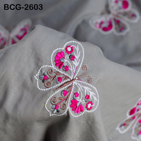 Grey Indian Embroidered Cotton Fabric by the Yard Embroidery Sewing Nursery Curtain DIY Crafting Summer Kid Women Dress Material Quilting