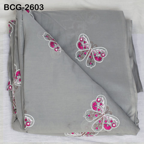 Grey Indian Embroidered Cotton Fabric by the Yard Embroidery Sewing Nursery Curtain DIY Crafting Summer Kid Women Dress Material Quilting