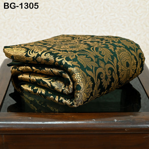 Silk Brocade Fabric Bottle Green Gold Banarasi Blended Silk Brocade Fabric by the Yard Banaras Brocade for Wedding Dress Bridesmaid Lehenga