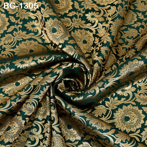 Silk Brocade Fabric Bottle Green Gold Banarasi Blended Silk Brocade Fabric by the Yard Banaras Brocade for Wedding Dress Bridesmaid Lehenga