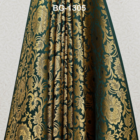 Silk Brocade Fabric Bottle Green Gold Banarasi Blended Silk Brocade Fabric by the Yard Banaras Brocade for Wedding Dress Bridesmaid Lehenga
