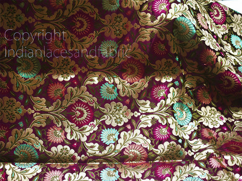 Indian Burgundy Blended Silk Brocade by the Yard Wedding Dress Jacket Banarasi Costume Material Sewing Crafting Skirts Upholstery Furnishing