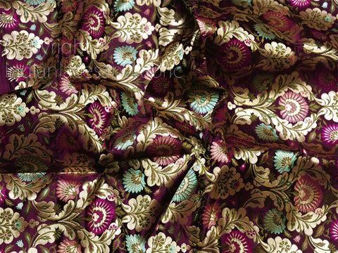 Indian Burgundy Blended Silk Brocade by the Yard Wedding Dress Jacket Banarasi Costume Material Sewing Crafting Skirts Upholstery Furnishing