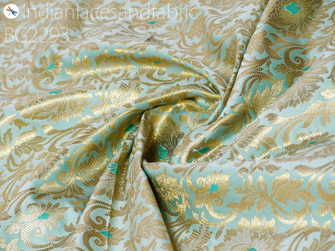 Indian Mint Green Brocade Fabric by the Yard Banarasi Wedding Dress Material Costumes Lehenga Skirts Hair Crafting Home Decor Cushion Covers Upholstery Fabric