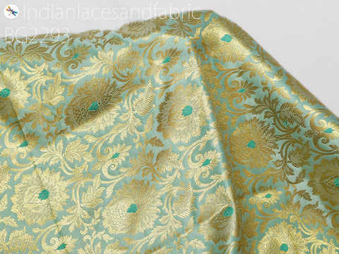 Indian Mint Green Brocade Fabric by the Yard Banarasi Wedding Dress Material Costumes Lehenga Skirts Hair Crafting Home Decor Cushion Covers Upholstery Fabric