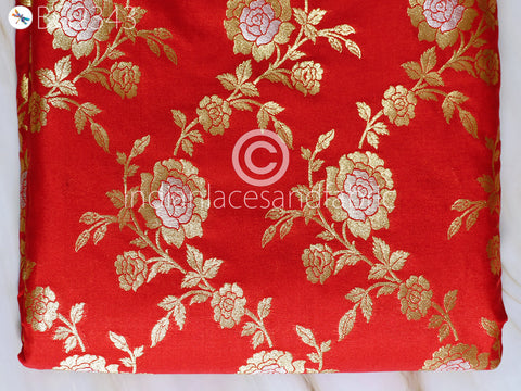 Red Brocade by the Yard Fabric Indian Banarasi Wedding Dresses Costumes Material Sewing Lehenga Skirts Vests Jackets Curtains Upholstery Kids Crafting Clothing Fabric