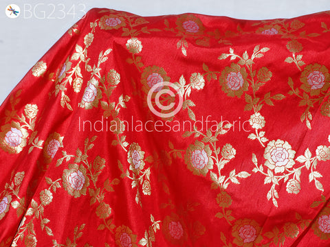 Red Brocade by the Yard Fabric Indian Banarasi Wedding Dresses Costumes Material Sewing Lehenga Skirts Vests Jackets Curtains Upholstery Kids Crafting Clothing Fabric
