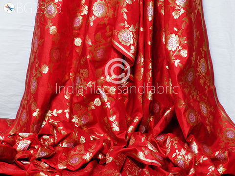 Red Brocade by the Yard Fabric Indian Banarasi Wedding Dresses Costumes Material Sewing Lehenga Skirts Vests Jackets Curtains Upholstery Kids Crafting Clothing Fabric