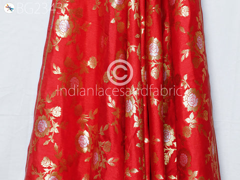 Red Brocade by the Yard Fabric Indian Banarasi Wedding Dresses Costumes Material Sewing Lehenga Skirts Vests Jackets Curtains Upholstery Kids Crafting Clothing Fabric
