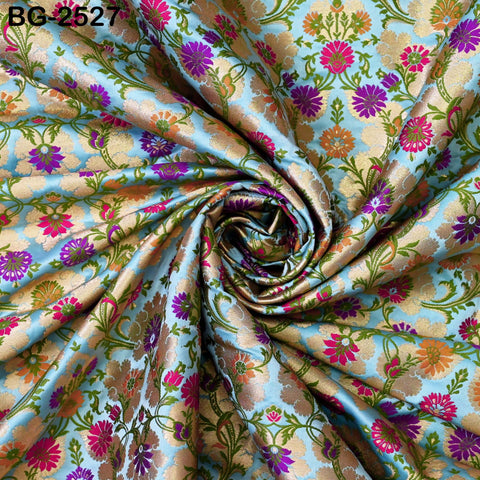 Turquoise Brocade Fabric by the Yard Historic Costume Indian Banarasi Wedding Dresses Material Knee Length Coat Sewing Upholstery Drapery