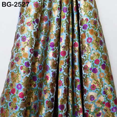 Turquoise Brocade Fabric by the Yard Historic Costume Indian Banarasi Wedding Dresses Material Knee Length Coat Sewing Upholstery Drapery