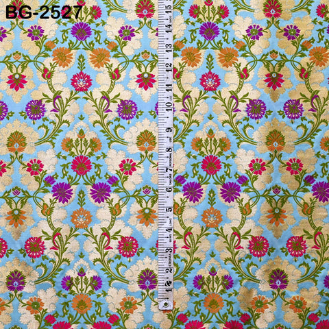 Turquoise Brocade Fabric by the Yard Historic Costume Indian Banarasi Wedding Dresses Material Knee Length Coat Sewing Upholstery Drapery