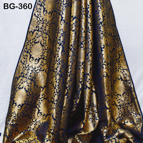 Navy Blue Gold Weaving Brocade Banarasi Indian Blended Silk Wedding Dress Fabric By The Yard Home Decor Table Runner Cushion Covers Brocade