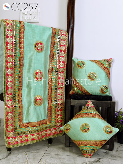 2 Pc Bohemian Cushion Cover with Table Runner Indian Hippie Cushion Throw Pillow Covers Colorful Decorative Patchwork Pillowcase Boho Décor