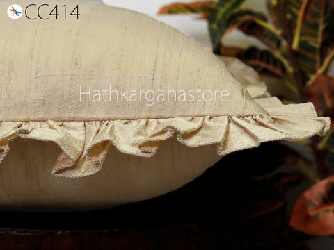 Beige Silk Lumbar Throw Pillow Dupioni Frill Silk Pillowcase Rectangle 12x26 Cushion Cover Handmade Decorative Home Decor House Warming Gift