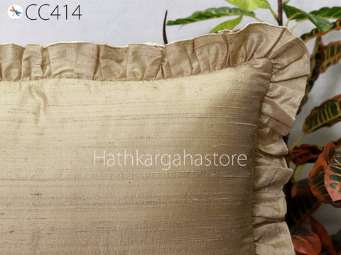 Beige Silk Lumbar Throw Pillow Dupioni Frill Silk Pillowcase Rectangle 12x26 Cushion Cover Handmade Decorative Home Decor House Warming Gift