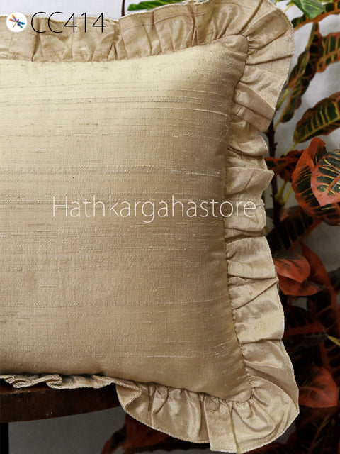 Beige Silk Lumbar Throw Pillow Dupioni Frill Silk Pillowcase Rectangle 12x26 Cushion Cover Handmade Decorative Home Decor House Warming Gift