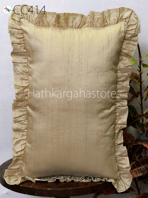 Beige Silk Lumbar Throw Pillow Dupioni Frill Silk Pillowcase Rectangle 12x26 Cushion Cover Handmade Decorative Home Decor House Warming Gift