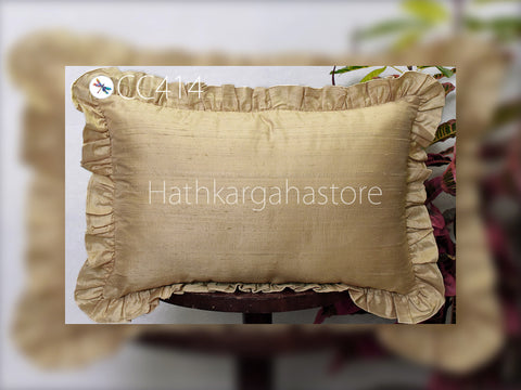 Beige Silk Lumbar Throw Pillow Dupioni Frill Silk Pillowcase Rectangle 12x26 Cushion Cover Handmade Decorative Home Decor House Warming Gift