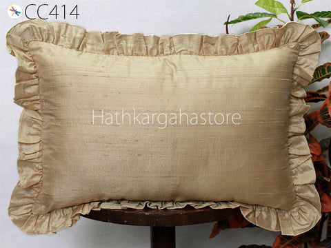 Beige Silk Lumbar Throw Pillow Dupioni Frill Silk Pillowcase Rectangle 12x26 Cushion Cover Handmade Decorative Home Decor House Warming Gift