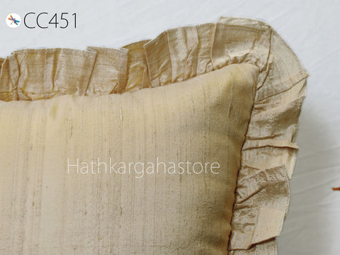 Beige Dupioni Frill Throw Pillow Pure Silk Square Pillowcase Euro Sham 26x26 Decorative Cushion Cover Home Decor House Warming Wedding Gift
