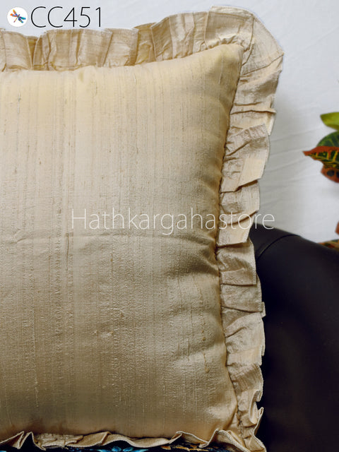 Beige Dupioni Frill Throw Pillow Pure Silk Square Pillowcase Euro Sham 26x26 Decorative Cushion Cover Home Decor House Warming Wedding Gift