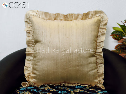Beige Dupioni Frill Throw Pillow Pure Silk Square Pillowcase Euro Sham 26x26 Decorative Cushion Cover Home Decor House Warming Wedding Gift