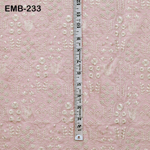 Pink Embroidered Cotton Fabric by the Yard Indian Embroidery Sewing Fabric DIY Crafting Wedding Dress Costumes Doll Bag Home Decor