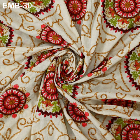Embroidered Cotton Fabric by the Yard Beige Indian Fabric Sewing Crafting Wedding Dress Costumes Doll Bag Cushion Cover Table Runners Making