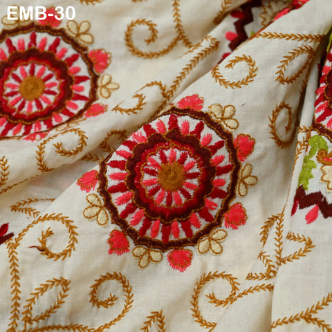 Embroidered Cotton Fabric by the Yard Beige Indian Fabric Sewing Crafting Wedding Dress Costumes Doll Bag Cushion Cover Table Runners Making