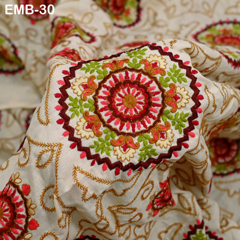 Embroidered Cotton Fabric by the Yard Beige Indian Fabric Sewing Crafting Wedding Dress Costumes Doll Bag Cushion Cover Table Runners Making