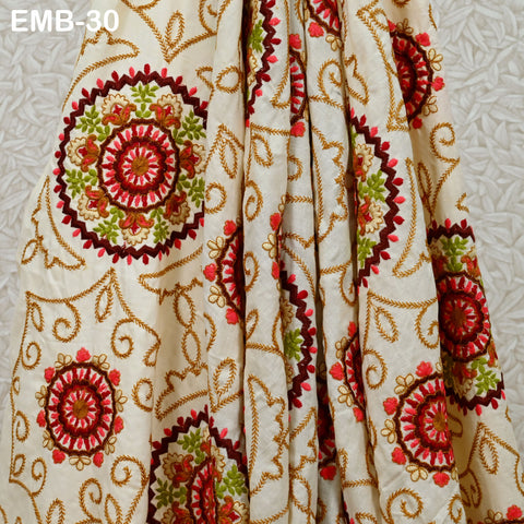 Embroidered Cotton Fabric by the Yard Beige Indian Fabric Sewing Crafting Wedding Dress Costumes Doll Bag Cushion Cover Table Runners Making